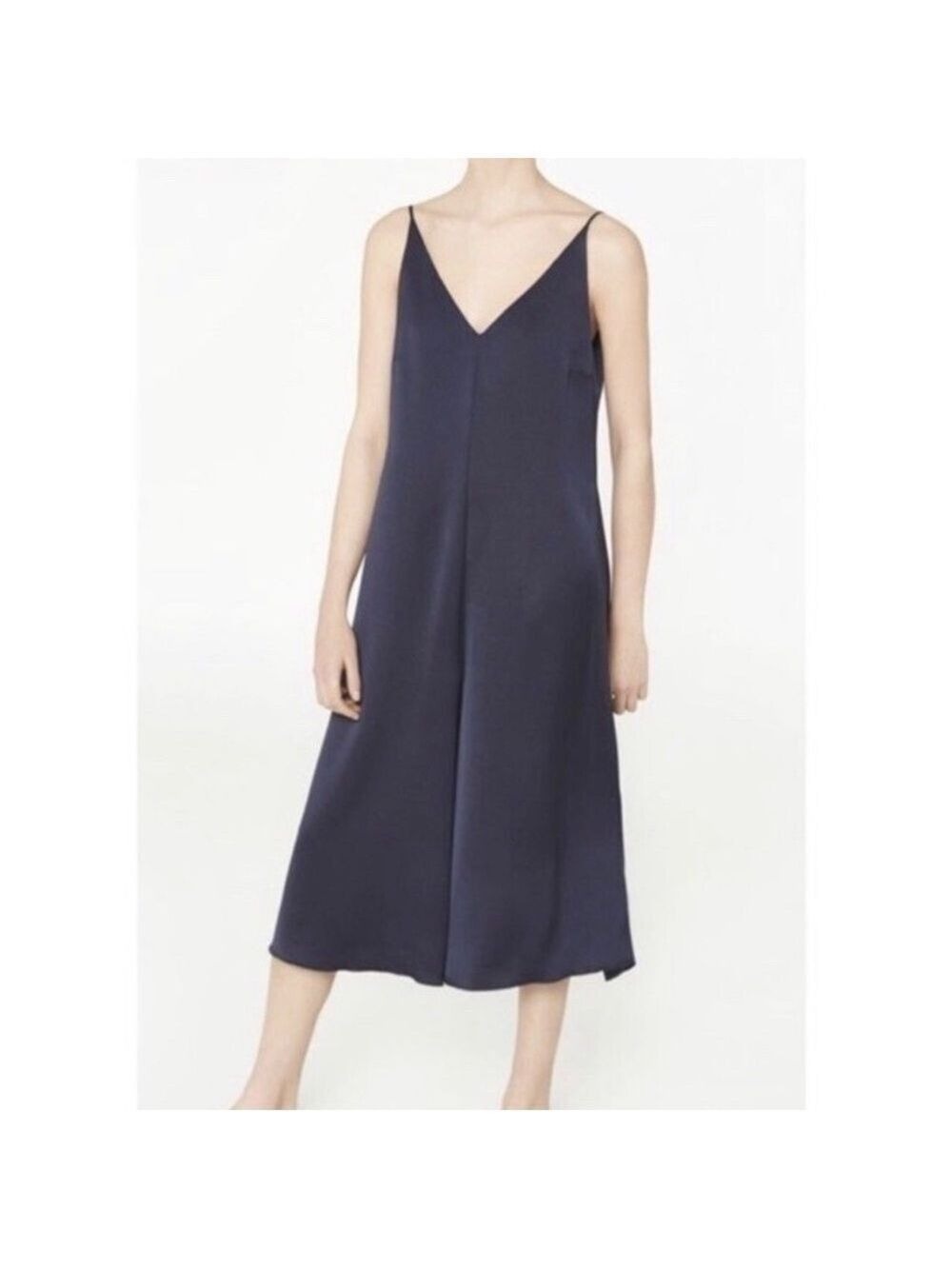 Mango Premium Navy Satin Wide Leg Cullootte Cropped Jumpsuit S